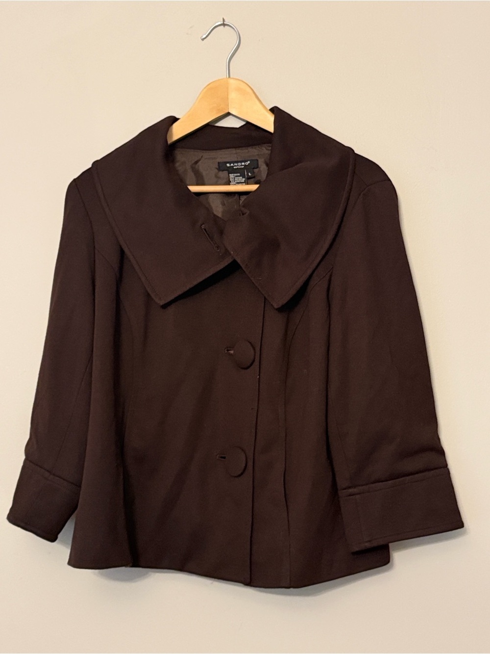 Sandro Sportswear Chocolate Brown Cropped Swing Jacket Large Statement Collar L